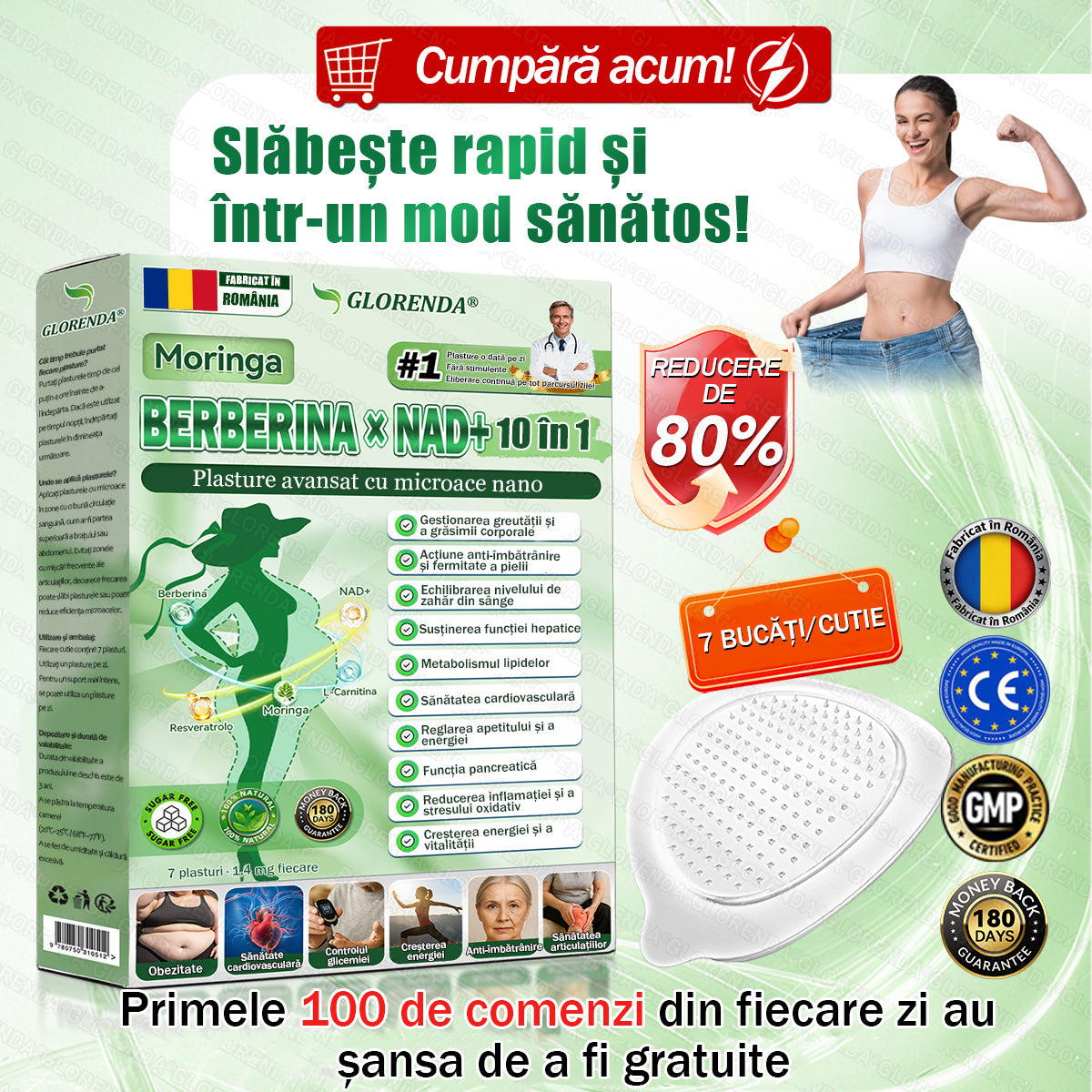 🥕 Magazin Oficial | 🌿 GLORENDA® Moringa · Berberină × NAD+ Plasture Avansat Nano cu Microace 10 în 1 (Doar o dată pe zi, schimbări vizibile în 7 zile) ✅ Pentru obezitate, piele lăsată, diabet, apnee în somn, probleme articulare și multe altele